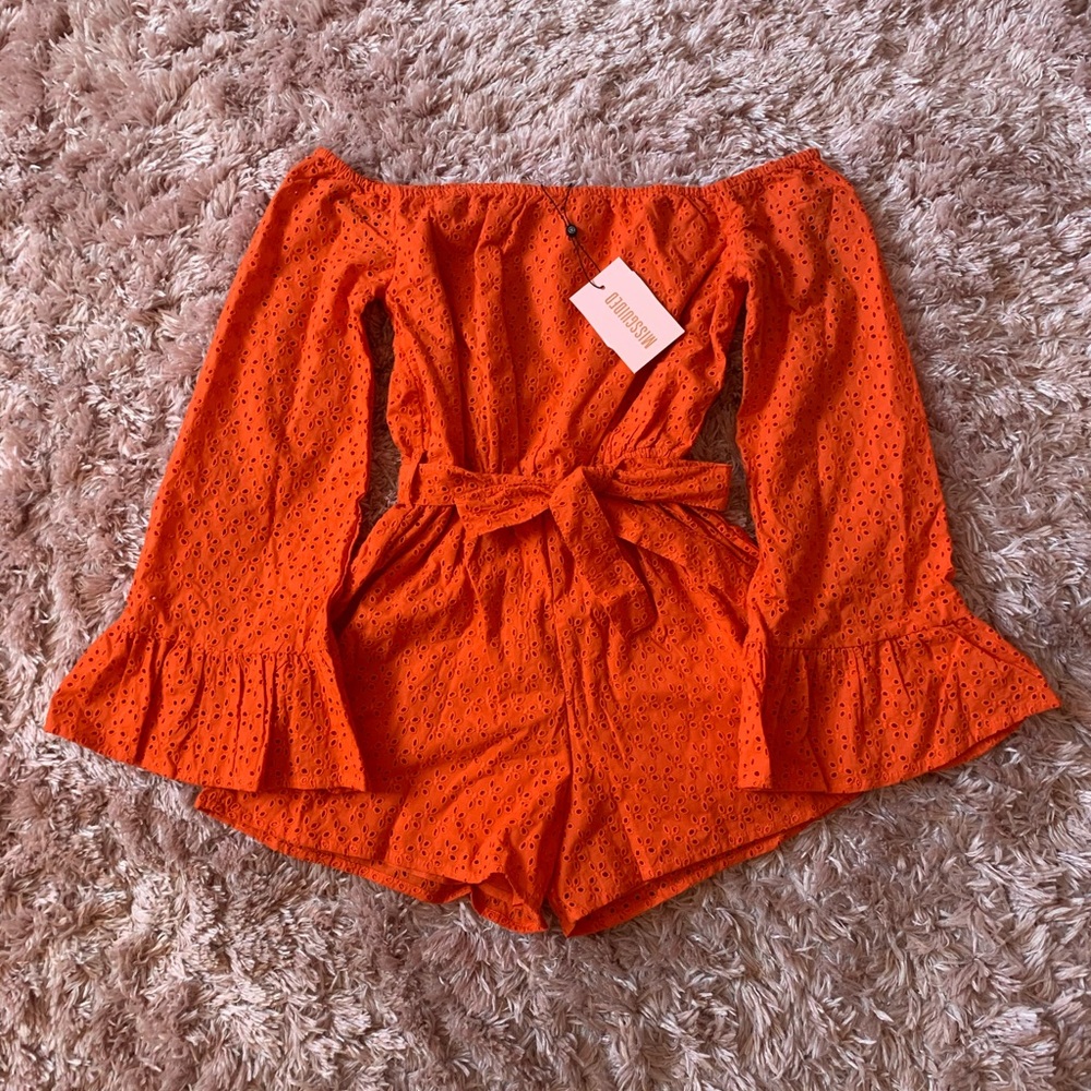 NWT ASOS Orange Bell Sleeve Eyelet Romper Size 6